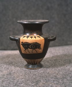 Czarna figura hydria lub naczynie na wodę przedstawiające byka, V wiek pne autorstwa Unbekannt Unbekannt
