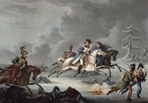 Ucieczka Bonapartego z bitwy pod Krasnojem Williama Heatha, opublikowana 1 kwietnia 1815 (kolorowa akwatinta)