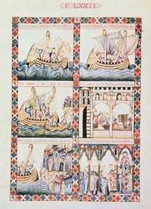 102-0625868/1 Podróż do Akki, ilustracje do Cantiga 172, jednej z 420 kompozycji muzycznych opowiadających o cudach Matki Boskiej, napisanych po galicyjsku dla Alfonsa X Mądrego (1221-84) (welum) autorstwa Unbekannter Künstler