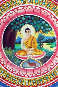 20151029, Vientiane, Laos: świątynia buddyjska Wat Inpeng. Obraz przedstawiający historię życia Buddy Siakjamuniego. Budda siedzący w pozie medytacyjnej autorstwa Unbekannt