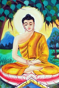 20151029, Vientiane, Laos: świątynia buddyjska Wat Inpeng. Obraz przedstawiający historię życia Buddy Siakjamuniego. Budda siedzący w pozie medytacyjnej autorstwa Unbekannt