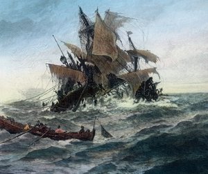 Duński statek, który chce nieść pomoc miastu Stralsund, rozbija się autorstwa Unbekannter Künstler