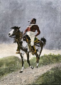 Odważny Komancz, podróżujący konno po południowych preriach (Teksas, Oklahoma, USA), około 1800 roku. Litografia autorstwa Unbekannter Künstler