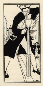 Gigant przywieziony przez barona de Munchausena z Cheese Island w Anglii oświetla uliczne latarnie bez drabiny. Ilustracja Williama Stranga (1859-1921) i JB Clarka z „Przygód barona z Munchausen (Munchhausen)” Rudolfa Ericha Ra autorstwa Unbekannt