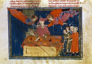 Grupa niedołężnych ludzi i władca czyniący dzieło miłosierdzia, udzielając im pomocy. Miniatura zaczerpnięta z "Dzieł Merciorda" (ms. II, VI autorstwa Unbekannter Künstler