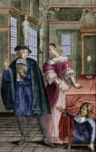 Scena ze sztuki "Tartuffe" Moliera (1664) z Orgonem (pod stołem), Elmirem, jego żoną i Tartuffe