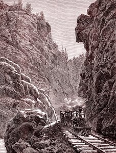 Pociąg przejeżdżający przez góry Kolorado. USA w 1886 r. (rycina) autorstwa Unbekannter Künstler