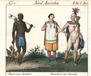 Akadyjski mężczyzna z tatuażami i para rdzennych kanadyjskich Indian. Litografia do książki: "Galerie complete en tableaux fideles des peuples d