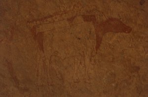 Algieria, Sahara, Park Narodowy Tassili-n-Ajjer, miejsce Sefar, malowidło naskalne przedstawiające byka.