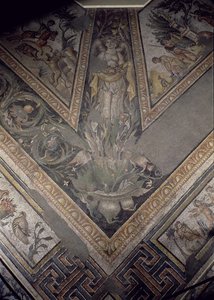 Alegoryczna figura jesieni, fragment mozaiki chodnika przedstawiający pory roku i sceny polowań, z willi Konstantyna w Daphne, rzymskie, ok. 325-330 ne (mozaika z marmuru, wapienia i szkła) autorstwa Unbekannt
