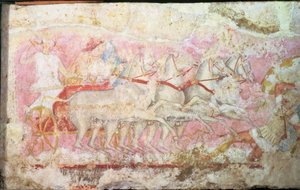 Amazonki prowadzące rydwan, fragment od strony sarkofagu Amazonek, Tarquinia, IV wpne (tempera na alabastrze) (detal z 85168) autorstwa Unbekannt
