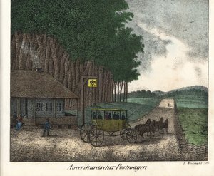 Amerykańska poczta i pracowitość. Litografia do książki: "Galerie complete en tableaux fideles des peuples d