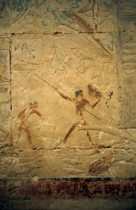 Starożytny Egipt: Sakkara (lub Sakkara lub Sakkara): nekropolia Starego Cesarstwa, grób szlachcica. Fragment płaskorzeźby przedstawiający scenę wędkowania.