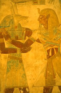Starożytny Egipt, Malarstwo ścienne/rzeźba, Seti I w objęciach Boga Anubisa, Świątynia Setiego I, Abydos
