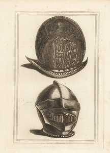 Starożytny wenecki hełm morion ozdobiony trofeami wojskowymi oraz hełm burgonetowy z ujednoliconym daszkiem i berem z Tower of London autorstwa Unbekannt