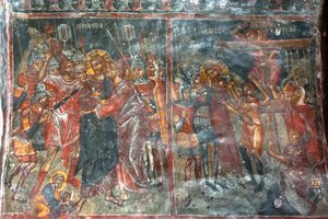 Starożytne freski; malowidła ścienne; pocałunek Judasza; Ukrzyżowanie Jezusa; Kościół Panagia i Sotiras; cerkiew greckokatolicka; Roustyka; Kreta; Grecja; Europa autorstwa Unbekannt