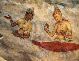 Apsaras, niebiańskie nimfy oferujące kwiaty, fresk, ufortyfikowana cytadela Sigiriya (Lista Światowego Dziedzictwa UNESCO