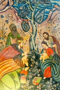 Ormiański Kościół Apostolski; Fresk; Adoracja Trzech Króli; Jezus Chrystus; Maryja i Józef; Trzej Mędrcy dają prezenty; Kościół Betlejem lub Kościół Bedkhem; dzielnica Julfa lub Jolfa; Isfahan; Iran; Azja autorstwa Unbekannt