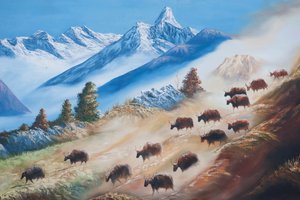Sztuka; malowanie stada jaków pod górą Ama Dablam; wiejskie życie; galeria w Katmandu; Nepal; Azja autorstwa Unbekannt
