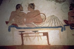 Bankiet z udziałem zmarłego, fragment obrazu w Grobie Nurka, ok. 480 pne (malowidło ścienne) (szczegóły patrz: 112063) autorstwa Unbekannter Künstler