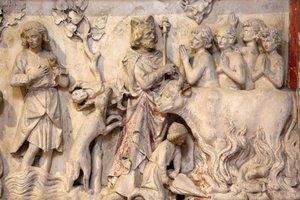 Bazylika św. Denisa, płaskorzeźba, wizerunek tłumu modlącego się, gdy król przechodził obok, Saint-Denis, Francja autorstwa Unbekannt