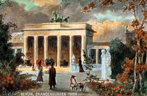 Berlin - Brandenburger Thor. Widok na Bramę Brandenburską z kwiatami i przechodniami, koniec 19/20 wieku (druk) autorstwa Unbekannter Künstler