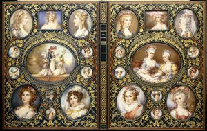 Oprawa z dwudziestoma czterema miniaturami portretowymi, z książki "French Characteristic Costumes" Richarda Brinsleya Peake