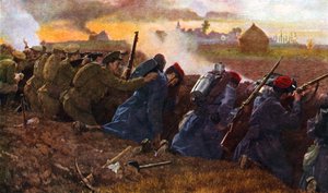 Brytyjskie oddziały walczące z Francuzami w celu powstrzymania pierwszego niemieckiego natarcia, jesień 1914 r. autorstwa Unbekannter Künstler