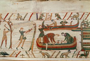 Budowa statków pod rozkazami księcia Williama, Bayeux Tapestry (haft wełniany na płótnie) autorstwa Unbekannt