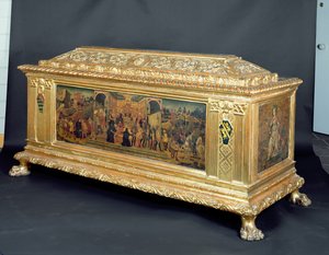 Cassone z panelami przedstawiającymi Kontynent Scypiona i alegorie Męstwa i Roztropności, przypisywany warsztatowi Apollonio di Giovanni, ok. 1460-65 (tempera na panelu) autorstwa Unbekannt