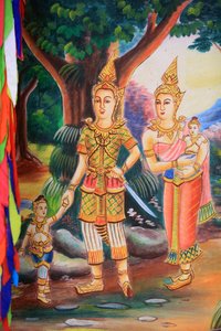 Grafika na suficie przedstawiająca życie Buddy. Świątynia Wat Si Sou Mang Karam. Vieng Vang. Laos, 20151102, Vieng Vang, Laos autorstwa Unbekannt