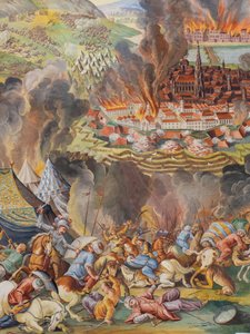 Fresk na suficie w bocznej nawie kościoła św. Katarzyny, Likwidacja Wiednia w 1683 r., Mauzoleum Habsburgów, Graz, Styria, Austria, Europa (zdjęcie) autorstwa Unbekannter Künstler