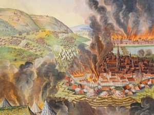 Fresk na suficie w bocznej nawie kościoła św. Katarzyny, Likwidacja Wiednia w 1683 r., Mauzoleum Habsburgów, Graz, Styria, Austria, Europa (zdjęcie) autorstwa Unbekannter Künstler