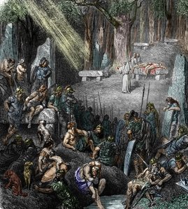 Celtycki antyk: „”Ofiara ludzka podczas ceremonii pod przewodnictwem druida w obecności rodzin i wojowników w lesie” (religia galijska, ofiara z ludzi podczas ceremonii pod przewodnictwem druida w obecności rodzin i wojowników w lesie) Grawerowanie f