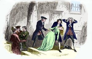 „Opowieść o dwóch miastach” Karola Dickensa: Podpis brzmi: Po zdaniu. - Lucie Manette mdleje. CD: angielski powieściopisarz, 7 lutego 1812 9 czerwca 1870. Ilustracja: George Cruikshank: angielski karykaturzysta i ilustrator książek autorstwa Unbekannt