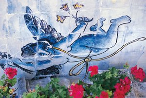 Cherub, płytki azulejos, Pałac markizów Fronteira, Lizbona, Portugalia, Detail autorstwa Benjamin Baud