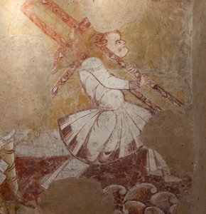 Kościół (Église Saint-Martin). Wnętrze. Malowidła ścienne (fresk). Północna ściana chóru. Szczegół. Szymon Cyrenejczyk niosący krzyż. XII wiek. autorstwa Unbekannt