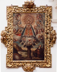 Kolegiata św. W środku. Obraz. (Matka Boża Nadziei). Tekst w medalionie: „PORTRET ALL THE MIL CROSA Imajen DNUESTRA S DL Esperanza A Podobny do Fernando de ZILLLa Faña iezi rodela Villa Riue mde el Tajo ter mi?to esta villa”. podpisany? oraz autorstwa Unbekannt