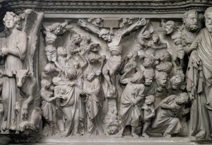 Scena Ukrzyżowania: detal płaskorzeźby ze szczytu sześciokątnej ambony zaprojektowanej przez Giovanniego Pisano (1245-1329), ok. 1297 (marmur) (detal z 77020) autorstwa Unbekannter Künstler