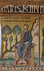 Cykl mozaik na Starym Testamencie, cykl Stworzenia: „Odpoczynek Stwórcy siódmego dnia”, XII wiek, Kaplica Palatyńska, Pałac Królewski lub Palazzo dei Normanni (Pałac Normanów), Palermo, Sycylia, Włochy ( zdjęcie) autorstwa Unbekannter Künstler