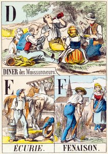 D E F: Diner des Moissonneurs, Ecurie, Fenaison - „Alfabet farmy” koniec XIX wieku (rycina) autorstwa Unbekannt