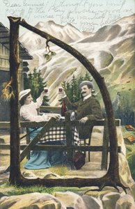 D: Mężczyzna i kobieta siedzą przy stole przed górską chatą stukają się kieliszkami, kieliszek wina w dłoniach - litery alfabetu Ref. Th. E., L. Theochrom - Serie 994. Theodor Eisman, wydawca, Lipsk autorstwa Unbekannt