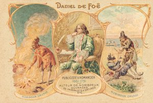 Daniel Defoe przy biurku i jego słynne dzieło (druk) autorstwa Unbekannter Künstler