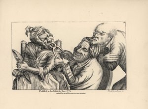 Dentysta śmieje się, gdy używa obcęgów do wyrwania chorego zęba z ust starszej kobiety. Miedzioryt według satyrycznej ilustracji Timothy