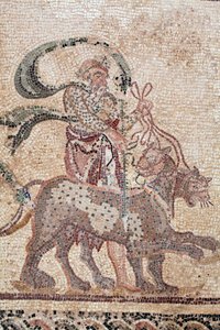 Szczegół Triumfu Dionizosa - Powrót boga z ekspedycji wojskowej do Indii - Silenus trzymający lejce Panter - Mozaiki z Pafos, Dom Dionizosa, koniec II wieku naszej ery - Cypr - Triumf Dionizosa - Długa mozaika autorstwa William M. Timlin