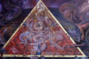 Fragment malowidła ściennego w Uposatha (sala świątynna) świątyni Buddhapadipa, Wimbledon, Wielka Brytania autorstwa Unbekannt