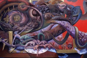 Fragment malowidła ściennego w Uposatha (sala świątynna) świątyni Buddhapadipa, Wimbledon, Wielka Brytania autorstwa Unbekannt