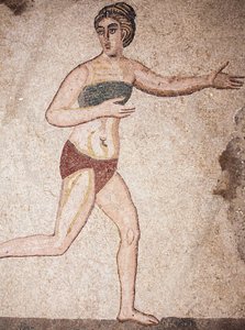 Detal Komnaty Dziesięciu Dziewic lub mozaika „Dziewczynki w bikini”. Działanie. III - IV wiek. Rzymska willa Casale, Sycylia. UNESCO. autorstwa Unbekannt