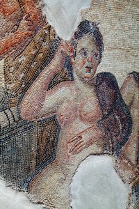Detal panelu przedstawiającego Ledę, królową Sparty, w towarzystwie lacedemońskich dziewcząt, podczas kąpieli w rzece Eurotas - zbliża się do niej Zeus w przebraniu łabędzia - Mozaiki z Pafos, Dom Aiona, III w. n.e. - Cypr - D autorstwa Unbekannter Künstler