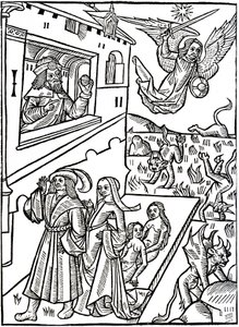 Archanioł św. Michał ściga diabły, podczas gdy ludzie kontynuują swoją działalność